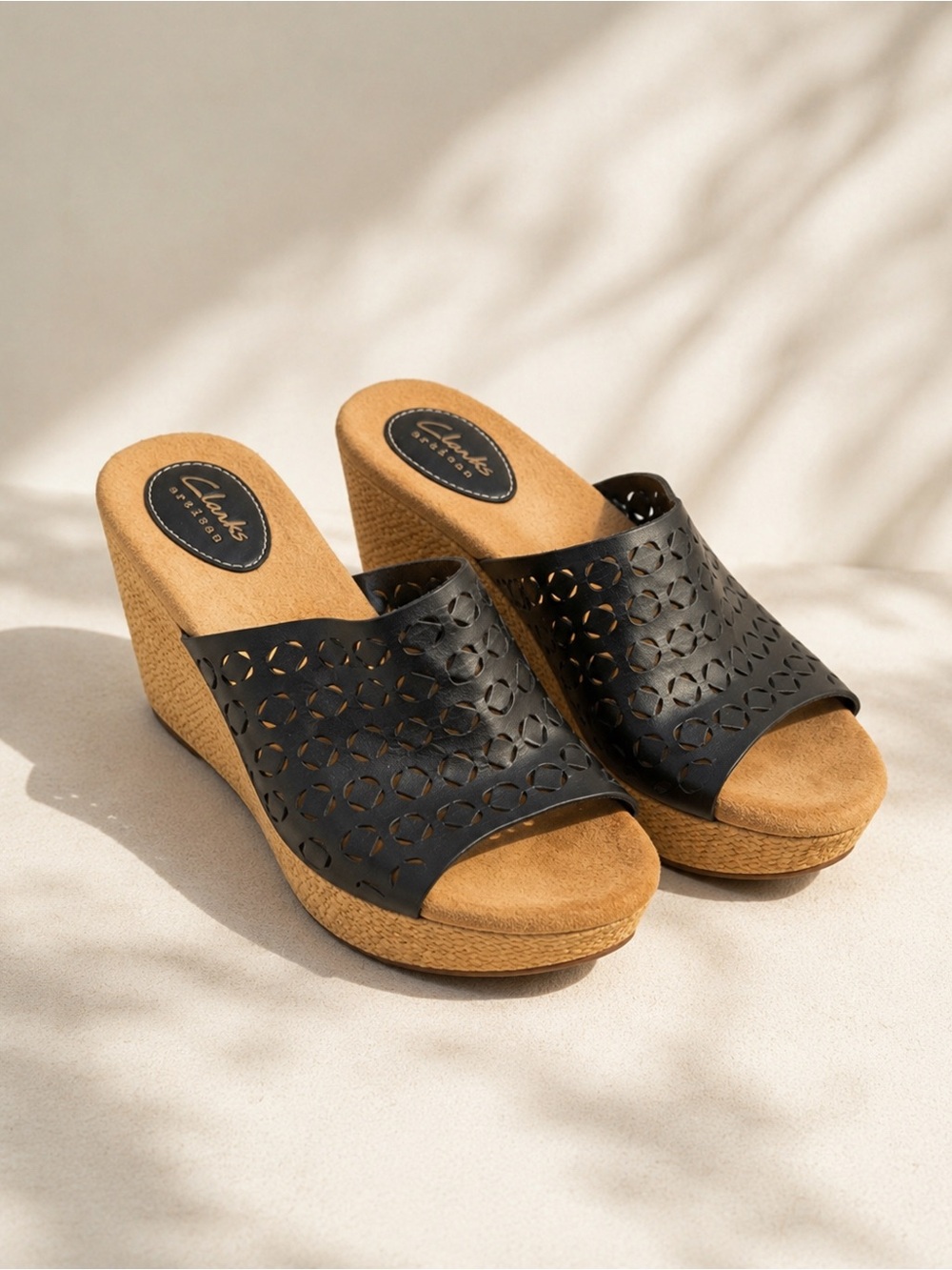 Clarks Artisan Black Leather Cutout Wedge Sandals | Boho Coastal